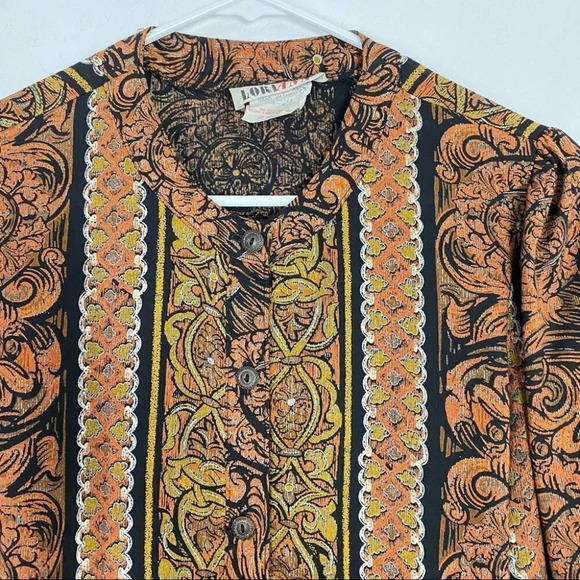 Vintage 80s 90s Printed Button Down Blouse Top Womens Size Small Black Gold - Picture 8 of 11